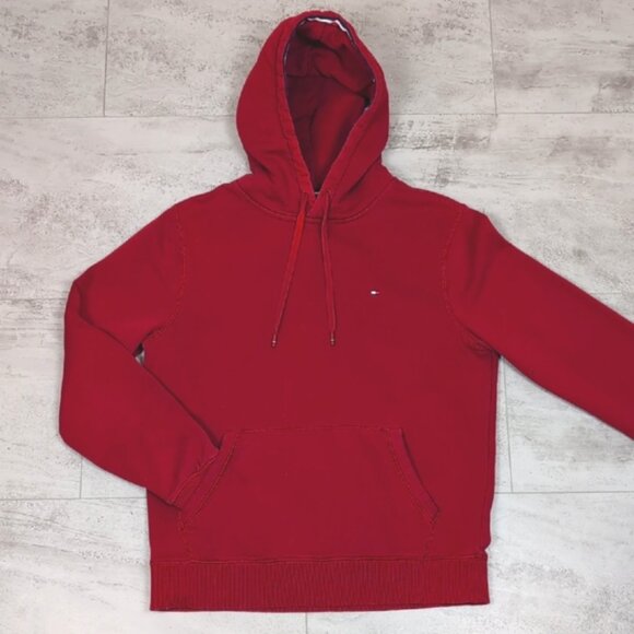 Tommy Hilfiger Red Hoodie Sweatshirt Pullover Fleece Hooded Mens Size Medium - Picture 2 of 13